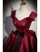 Unique Pleated Satin Burgundy Evening Prom Dress with Sash