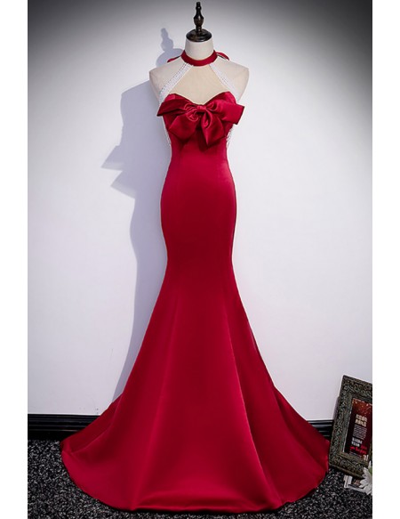 Fitted Mermaid Long Halter Satin Evening Prom Dress with Bow Knot