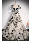Unique Floral Prints Ballgown Prom Dress with Bubble Sleeves