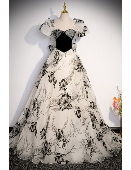 Unique Floral Prints Ballgown Prom Dress with Bubble Sleeves