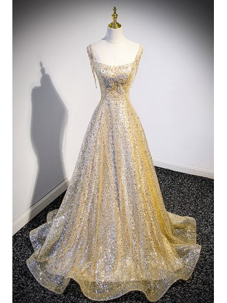 Elegant Bling Gold Sequins Sparkly Prom Dress