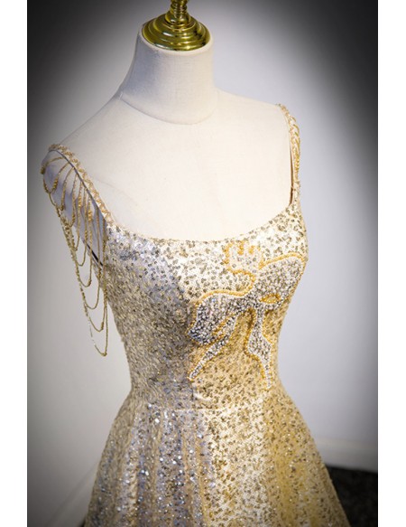 Elegant Bling Gold Sequins Sparkly Prom Dress