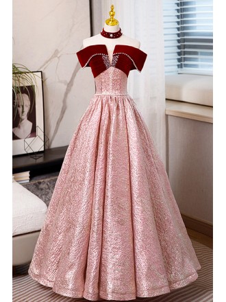 Metallic Fabric Long Ballgown Prom Dress with Off Shoulder