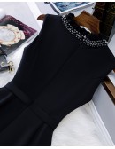 Black Semi Formal Tea Length Party Dress with Sequined Neckline
