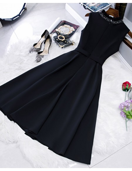 Black Semi Formal Tea Length Party Dress with Sequined Neckline