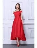 Vintage A-Line Off-the-Shoulder Satin Tea-Length Dress