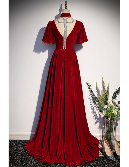 Elegant Vneck Burgundy Long Velvet Evening Dress