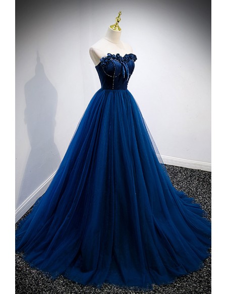 Elegant Blue Velvet And Tulle Long Prom Dress Strapless