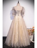 Gold Bling Stars Champagne Prom Dress with Bubble Sleeves