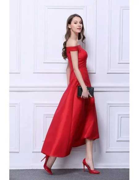 Vintage A-Line Off-the-Shoulder Satin Tea-Length Dress