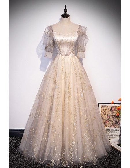 Gold Bling Stars Champagne Prom Dress with Bubble Sleeves