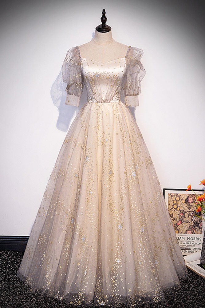 Pink Bubble Sleeve Gold Stars Corset Tea Length Prom Dress