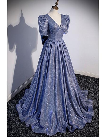Sparkly Blue Vneck Prom Dress with Big Bow In Back