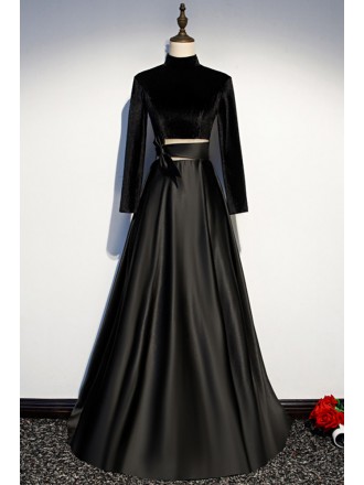 Long Black Hine Neck Formal Dress with Cutout Sash