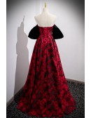 Burgundy Red And Black Long Prom Dress with Flower Patterns