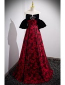 Burgundy Red And Black Long Prom Dress with Flower Patterns
