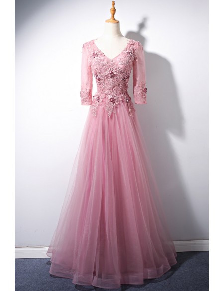 Vneck Beaded Lace Long Pink Prom Dress with Half Sleeves