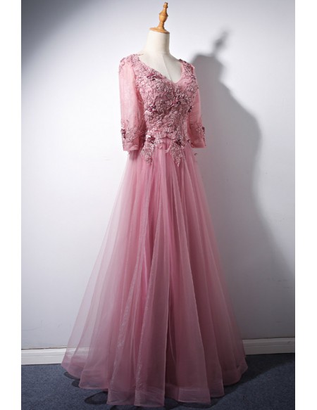 Vneck Beaded Lace Long Pink Prom Dress with Half Sleeves