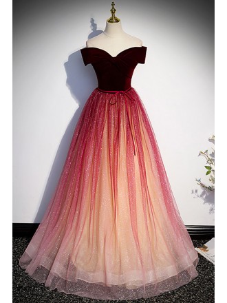 Off Shoulder Ombre Bling Tulle Prom Dress with Sash