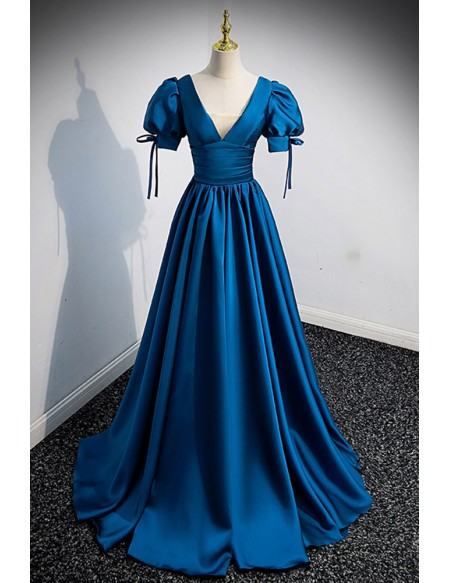 Modest Blue Satin Vneck Prom Dress with Short Sleeves