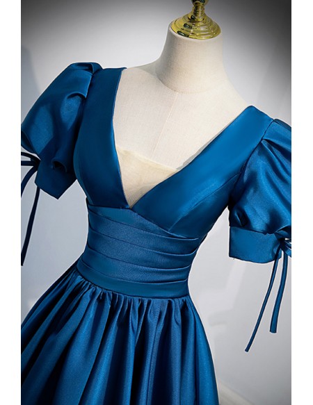 Modest Blue Satin Vneck Prom Dress with Short Sleeves