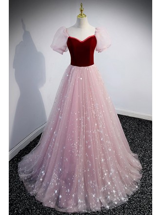 Lovely Stars Pink Tulle Prom Dress with Bubble Sleeves