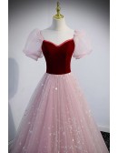 Lovely Stars Pink Tulle Prom Dress with Bubble Sleeves