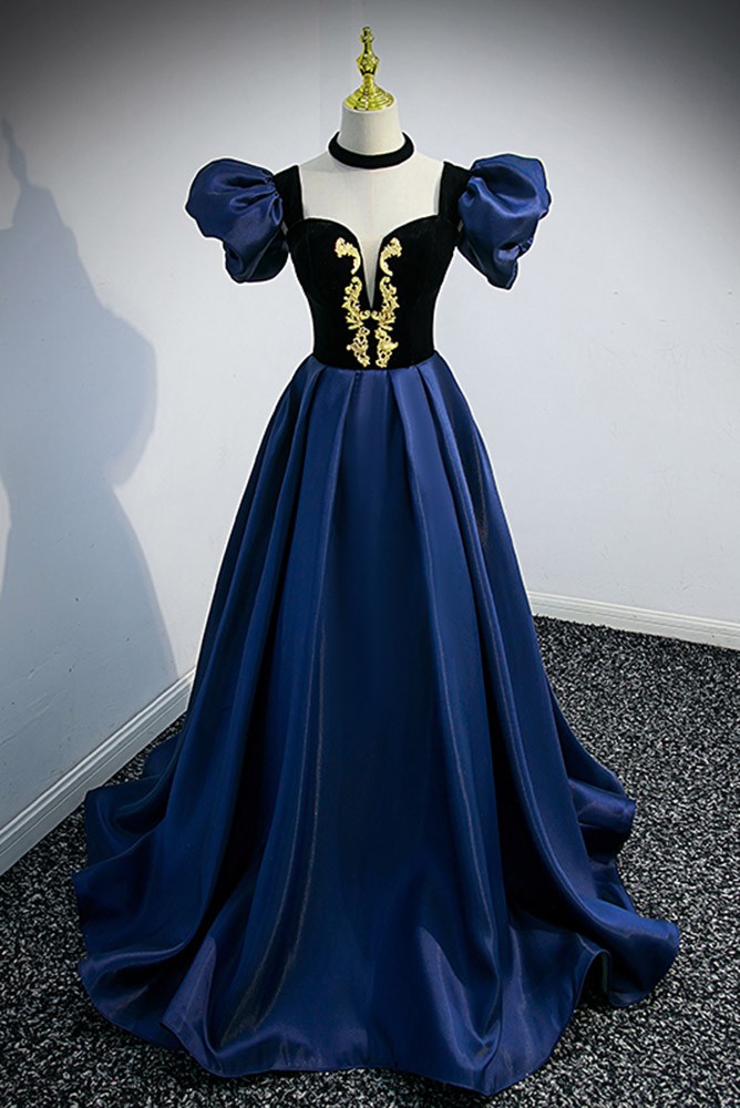Blue Satin Long Prom Dress with Gold Exotic Pattern #L78125 - GemGrace.com Blue Satin Long Prom Dress with Gold Exotic Pattern #L78125 - GemGrace.com