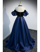 Blue Satin Long Prom Dress with Gold Exotic Pattern