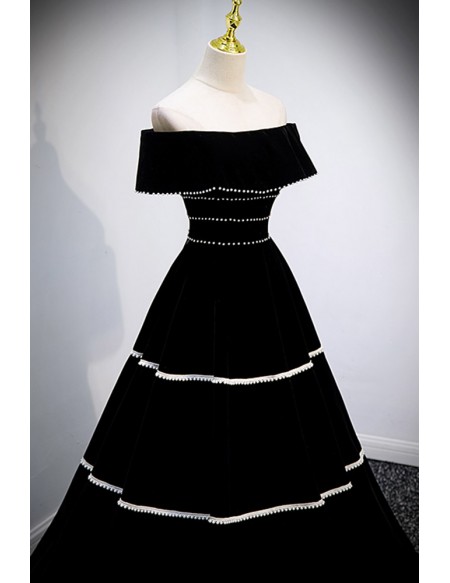 Off Shoulder Long Black Velvet Evening Dress with Beadings