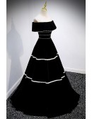 Off Shoulder Long Black Velvet Evening Dress with Beadings