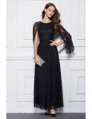 Elegant A-Line Black Lace Long Formal Dress With Cape Sleeves