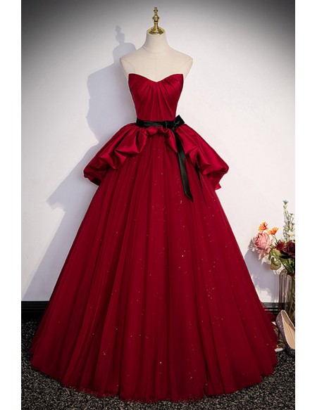 Elegant Tulle And Satin Burgundy Red Prom Dress with Sash