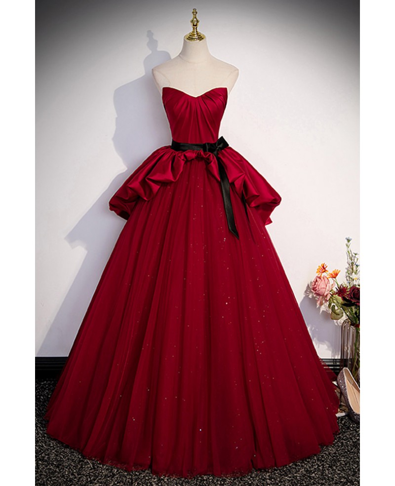 Elegant Tulle And Satin Burgundy Red Prom Dress with Sash #L78033 ...