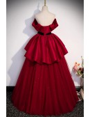 Elegant Tulle And Satin Burgundy Red Prom Dress with Sash
