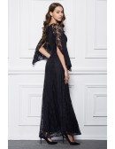 Elegant A-Line Black Lace Long Formal Dress With Cape Sleeves