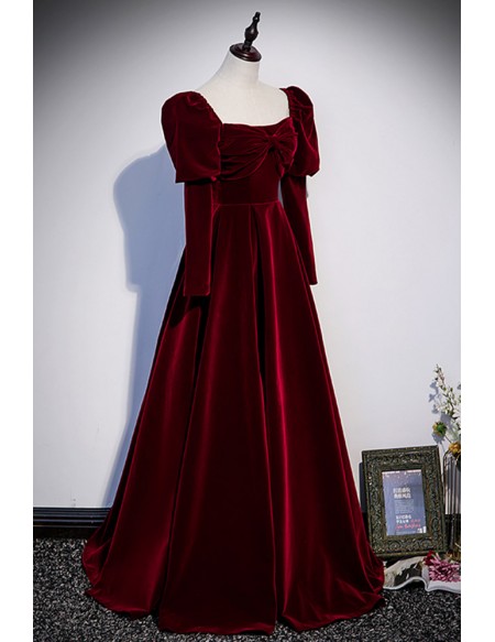 Retro Square Neck Burgundy Long Velvet Dress with Long Sleeves #L78169 ...