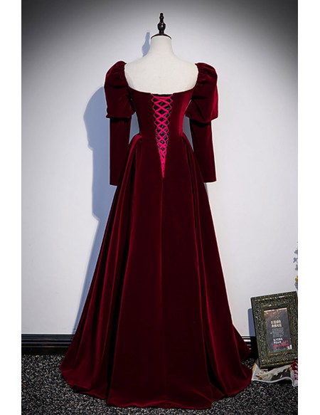 Retro Square Neck Burgundy Long Velvet Dress with Long Sleeves #L78169 ...