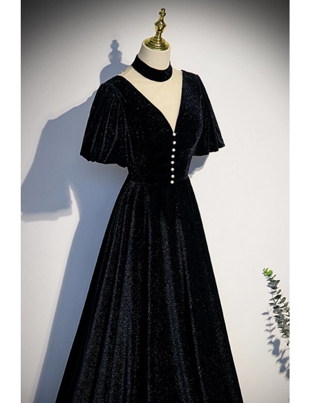 Elegant Long Black Velvet Vneck Evening Dress with Sleeves