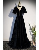 Elegant Long Black Velvet Vneck Evening Dress with Sleeves