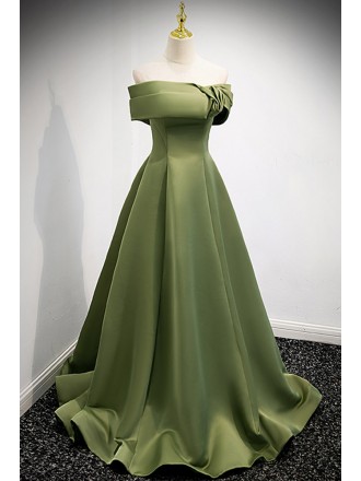 Elegant Green Satin Off Shoulder Prom Dress For Formal