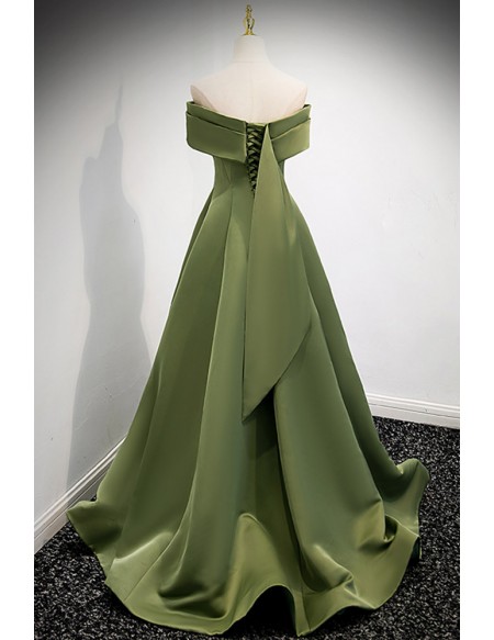 Elegant Green Satin Off Shoulder Prom Dress For Formal
