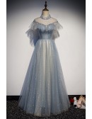 Dreamy Bling Stars Dusty Blue Prom Dress with High Neck