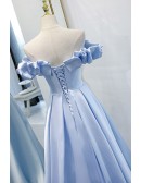 Blue Satin Aline Long Prom Dress with Off Shoulder