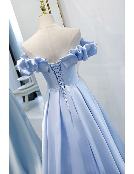 Blue Satin Aline Long Prom Dress with Off Shoulder