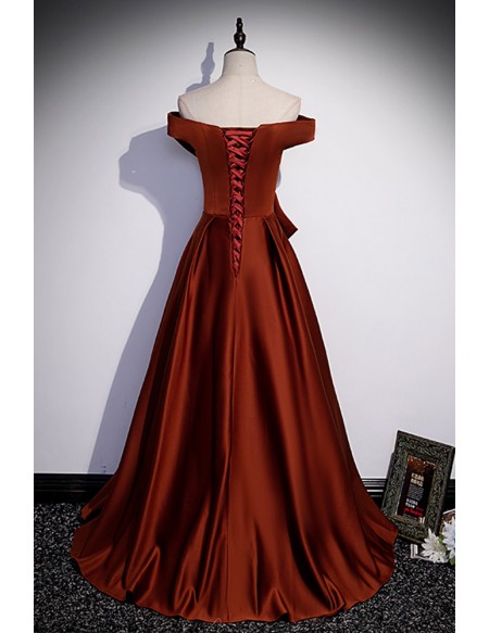 Brown Satin Off Shoulder Evening Dress with Big Bow In Front