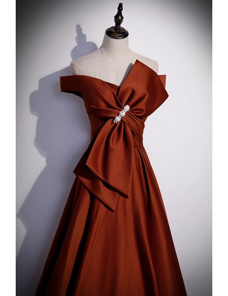 Brown Satin Off Shoulder Evening Dress with Big Bow In Front