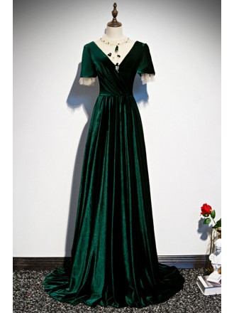 Dark Green Velvet Evening Dress with Colorful Beadings