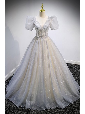 Fantasy Grey Bling Tulle Ballgown Prom Dress Vneck with Bubble Sleeves