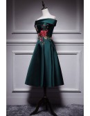 Dark Green Off Shoulder Tea Length Party Dress with Flowers